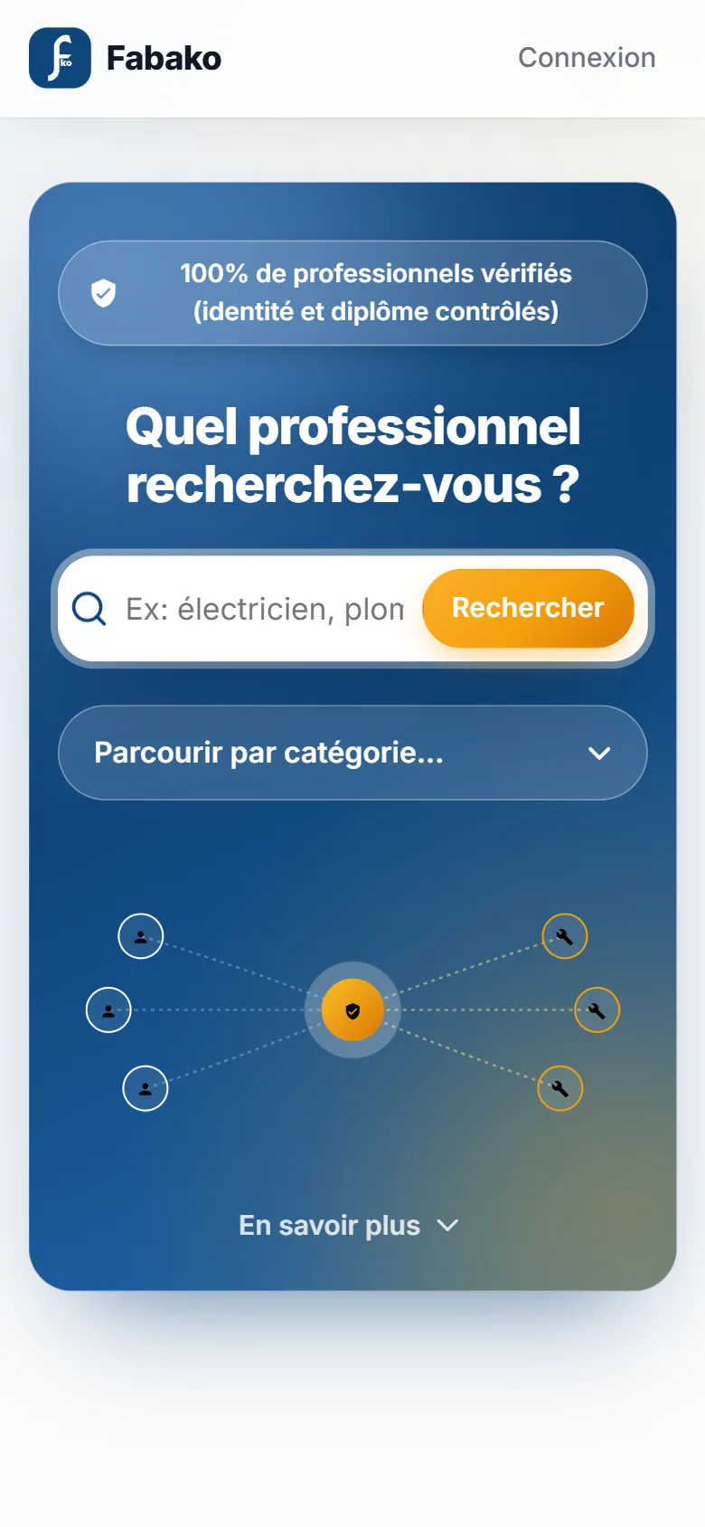 Home screen of the Fabako app with the professional search