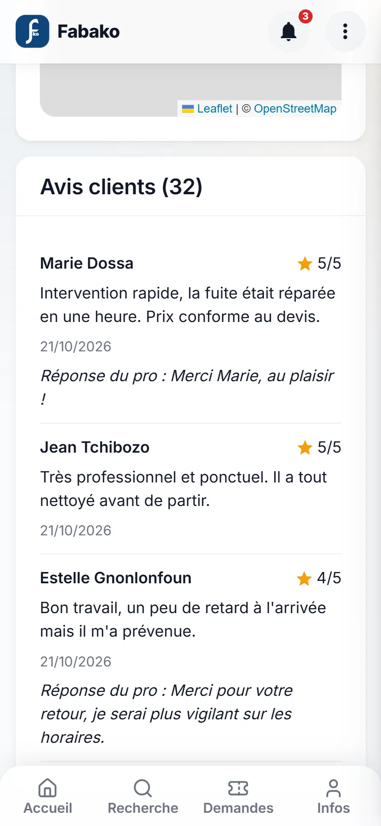 Client reviews published on a professional's profile