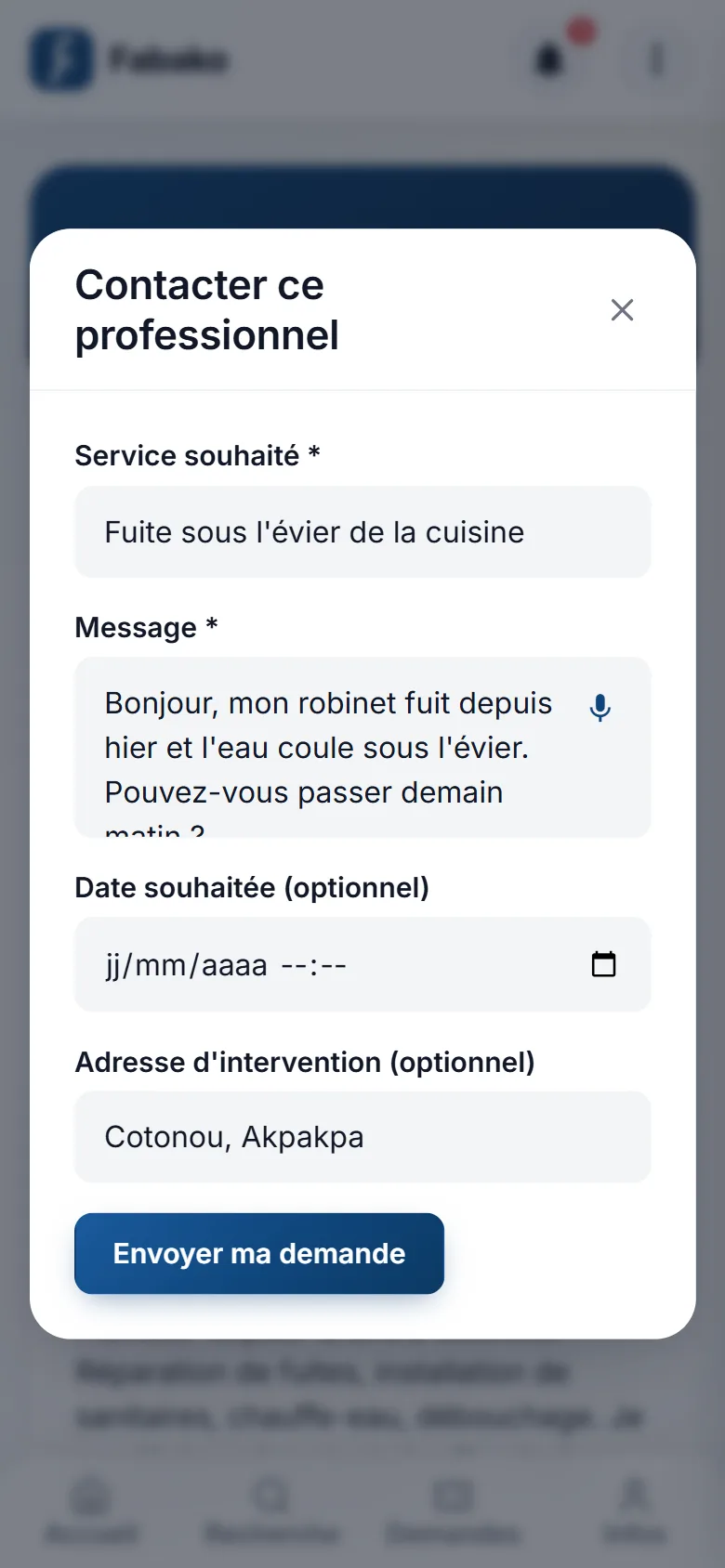 Contact request form addressed to a professional
