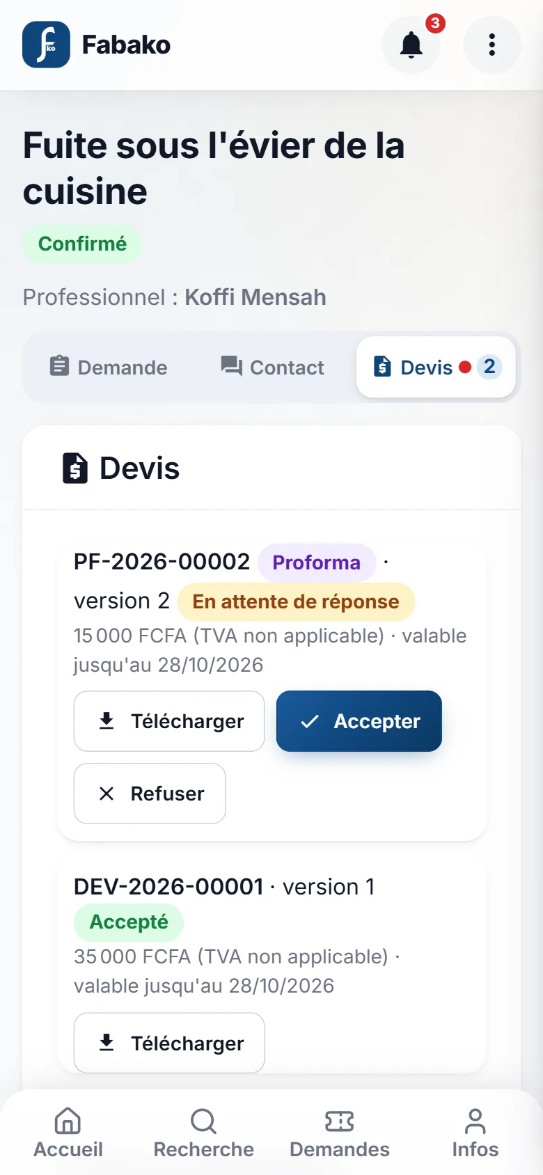 List of the quotes of a request with their status and amount