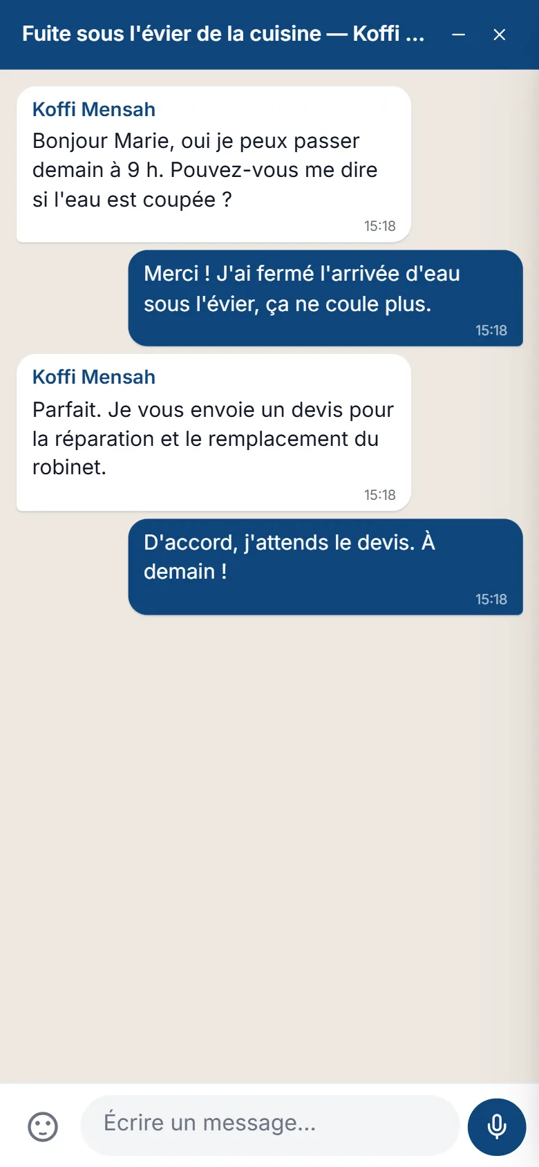 Conversation between a client and a professional with messages and call buttons