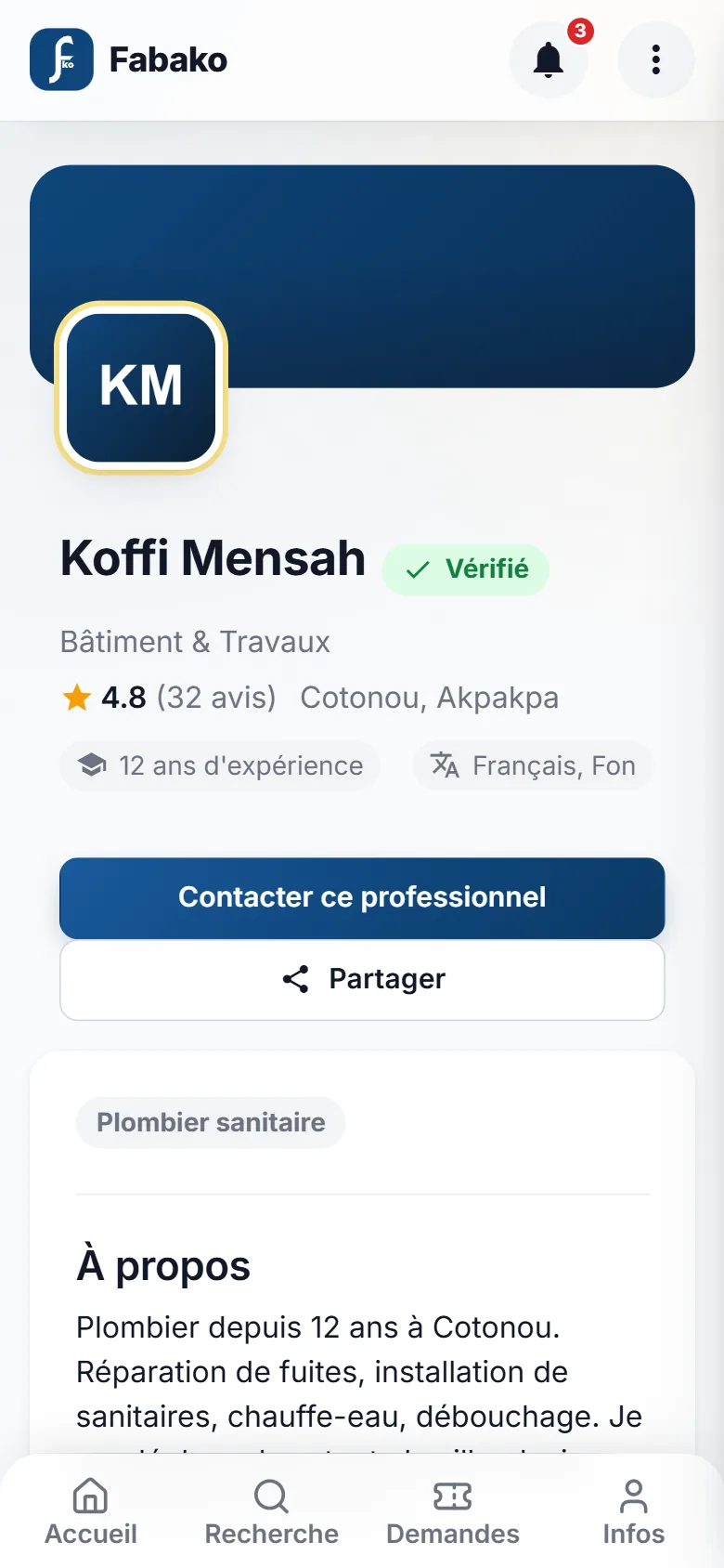 A professional's profile with photo, verified badge, rating and reviews