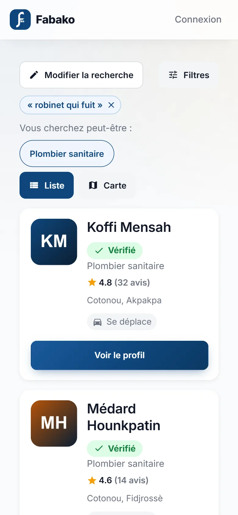 Search results with the list of professionals, their trade, city and rating